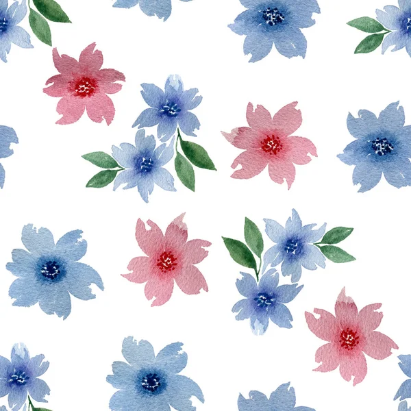 Sömlös Upprepa Mönster Med Blå Och Rosa Blommor Akvarell Blommig — Stockfoto