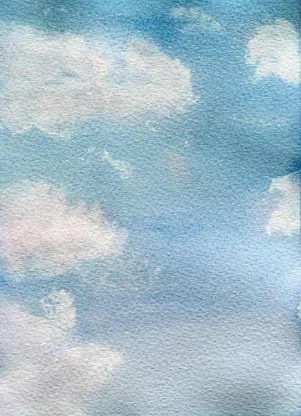 ふわふわの白い雲手描きの空のテンプレートと水彩ブルーの空 — ストック写真