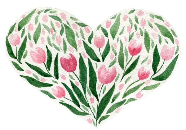 День Матері Серце Акварельне Квіткове Серце Букетом Рожевої Квітки Тюльпанів — стокове фото