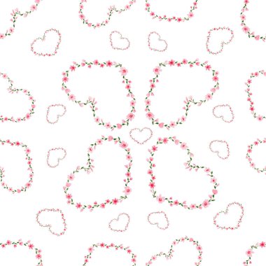 Sevgililer günü ve anneler günü için suluboya kalp çizimi, kalp arka planı, çiçek kalpleriyle kusursuz tekrar desenleri.