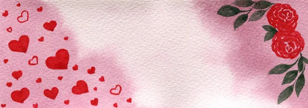 Aquarel Liefdeskaart Met Hartjes Rode Rozen Valentijnskaart Moederdag Kaart Ontwerp — Stockfoto