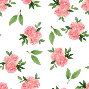 Beyaz, suluboya, gül desenli, pembe gül çiçekli pürüzsüz desen. Güllü botanik desen, zarif çiçek desenli desen.