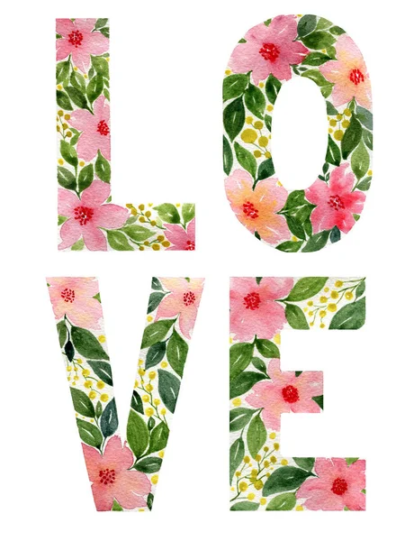 Çiçekli Aşk Sözcüğü Suluboya Çiçeklerden Yapılmış Mektup Sevgililer Günü Anneler — Stok fotoğraf