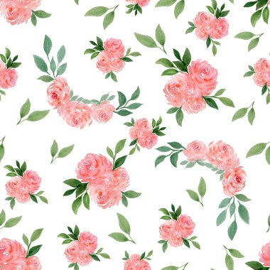 Pembe gül çiçekleriyle kusursuz desen, gül buketli suluboya çiçek çizimi