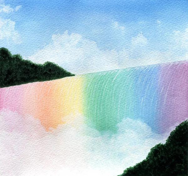 Regenbogen Wasserfall Aquarell Landschaft Illustration Mit Wasserfall Und Blauem Himmel — Stockfoto