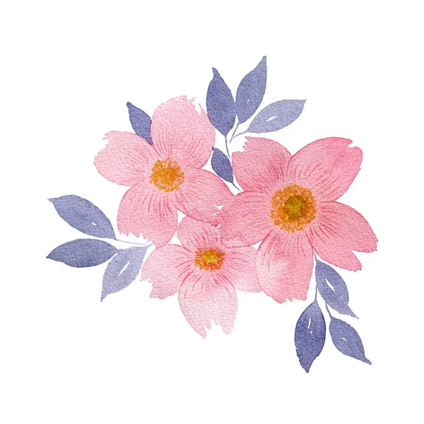Акварельний Букет Рожевих Квітів Темно Синім Листям Квітковий Елемент Дизайну — стокове фото