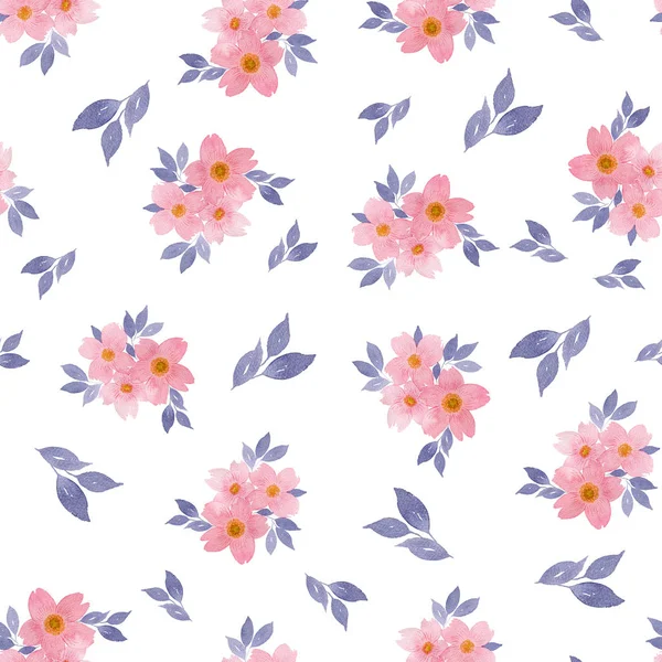 ピンク色の花と柔らかいピンク色の花と青藍の葉が白に隔離されたシームレスな花の背景 — ストック写真