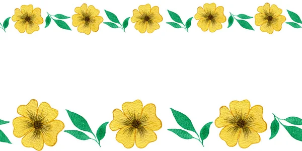 Spring Yellow Flowers Seamless Border Set Yellow Flowers Isolated White — 스톡 사진