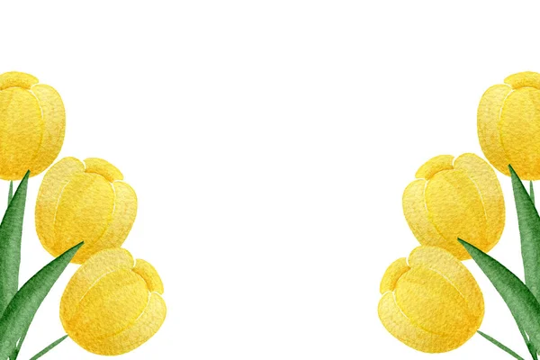 黄色郁金香卡片装饰 母亲节花卉设计与复制空间 水彩画郁金香卡片模板 — 图库照片