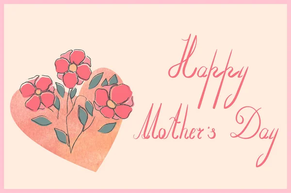Muttertagskarte Mit Herz Und Blumenstrauß Florale Kritzelkunst — Stockfoto