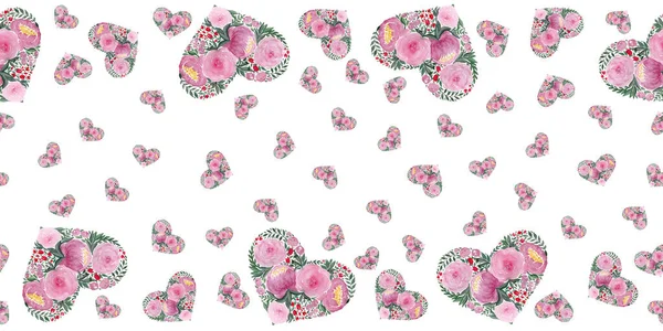 Love Background Watercolor Floral Hearts Design Horizontal Seamless Pattern Hearts — Stockfoto