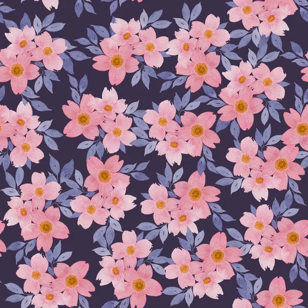 Rosa Blommor Och Blå Blad Sömlösa Mönster Perfekt För Retro — Stockfoto