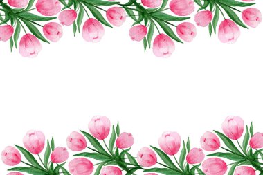 suluboya pembe laleler çiçek arkaplanı, bahar çiçek kartı dekorasyonu kopya alanı, lale çerçeve tasarımı