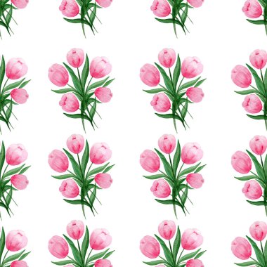 Beyaz lale çiçekleri desenli kusursuz yineleme deseni, bahar çiçekli arkaplan, ambalaj projeleri, davetiye, kumaş, suluboya yüzey deseni tasarımı için harika