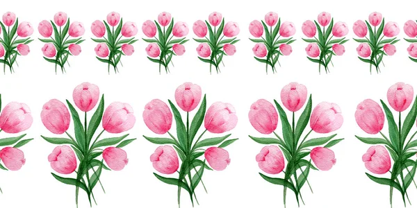 Naadloze Rand Met Roze Tulp Boeket Aquarel Ornamentale Lente Bloemen — Stockfoto