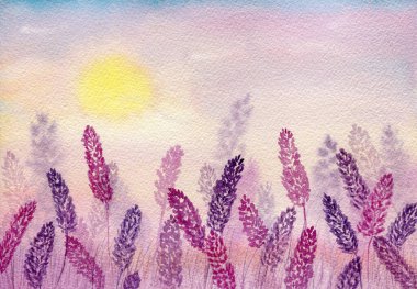 Mor ve pembe renklerde suluboya lavanta tarlası, güzel doğa soyut manzara tasarımı