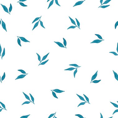 Basit deniz mavisi yaprakları pürüzsüz arkaplan, arkaplan, kumaş, ambalaj veya davetiye için botanik suluboya dekorasyonu