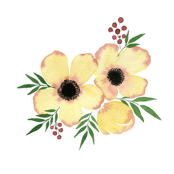 水彩缤纷的黄花春花束隔离在白花上 手绘抽象的海葵花 色彩艳丽的花卉装饰 — 图库照片