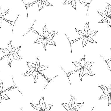 Palmiye ağacı silueti ile tropikal tekrarlanmayan desen, kumaş, arkaplan veya ambalaj projeleri için tropikal vektör çizgisi sanat yüzey deseni tasarımı, basit egzotik illüstrasyon