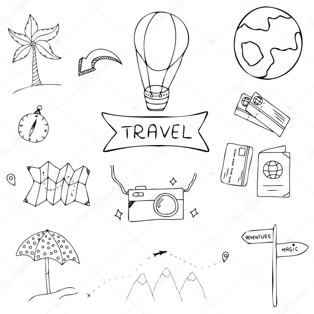 vector set of travel icons, simple vector clip art with hand drawn travel elements