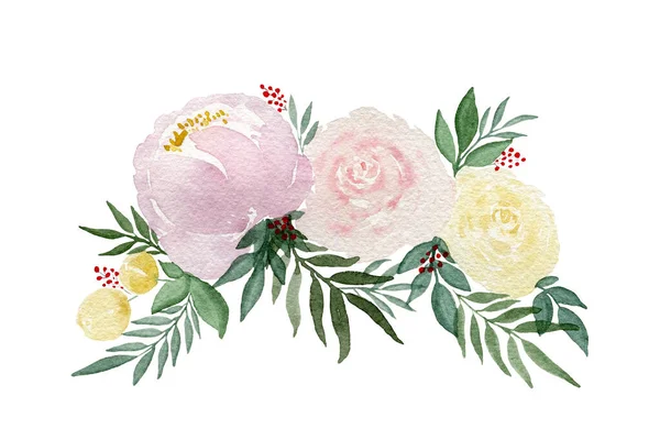 분홍빛 노란색의 파스텔 장미꽃 분홍빛 꽃다발 흰색에 분리되어 꽃다발 — 스톡 사진