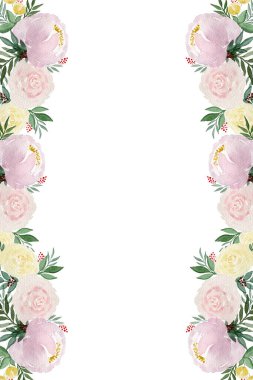 Güllerle süslü şenlikli çiçek çerçevesi ve pastel renkli şakayık çiçekleri mor ve sarı renkler, kopyalama alanı olan parlak suluboya çiçek deseni.
