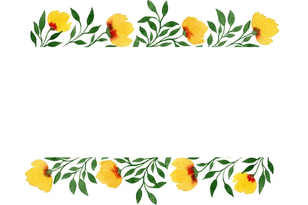 带有叶子的春季花卉背景 黄花和复印空间 手绘节庆水彩花框 母亲节卡片设计 — 图库照片