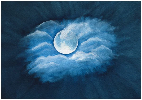 ネイビーブルーの夜空の抽象的な背景ロマンチックな水彩画の月の夜空のシーン手描きのイラスト夜の空の月と雲 — ストック写真