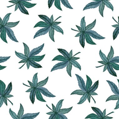 Esrar yaprağının pürüzsüz arkaplanı, mavi marihuana yapraklı suluboya çizimi tekstil, ambalaj projeleri, afişler veya posterler için harika