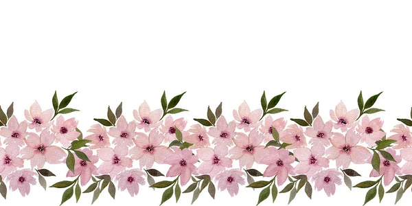 Pink Spring Flowers Ornamental Seamless Border Watercolor Illustration Decorative Hand — Stock Photo, Image