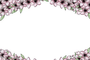 Fotokopi alanı olan pembe kiraz çiçeği sınırı anneler günü için sakura çiçekleri, sevgililer günü davetiyeleri ya da davetiyeler içeren şenlikli çiçek illüstrasyonu.