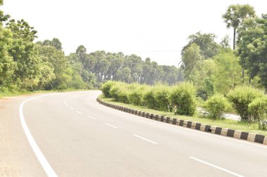 Uzun, boş otoyol sağa dönüyor, yol kenarında palmiye ağaçları ve gökyüzü ile izole edilmiş küçük ağaçlar..