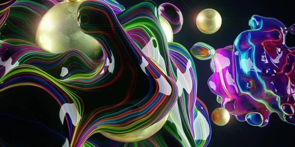 Неоновые пузыри и золотые шары на черном фоне . — стоковое фото