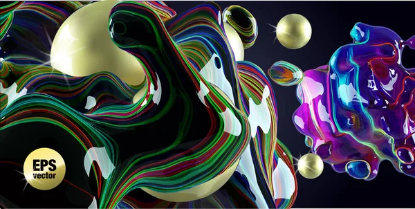 Неоновые пузыри и золотые шары на черном фоне . — стоковый вектор