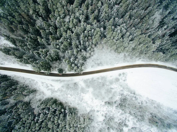 Flygfoto över snöiga skogen med väg. — Stockfoto