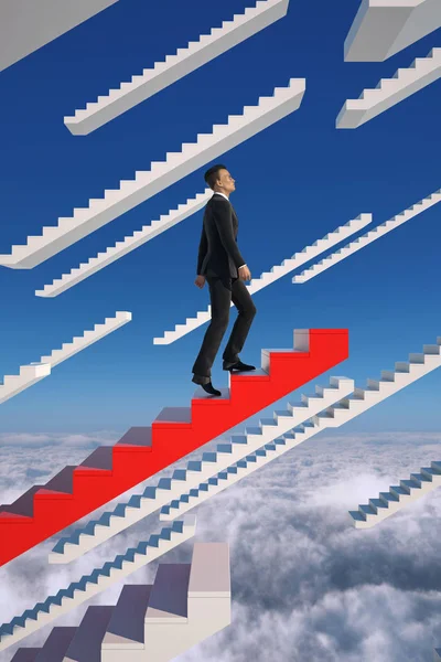 Nach oben. Geschäftsmann steigt eine rote fliegende Treppe hinauf. — Stockfoto