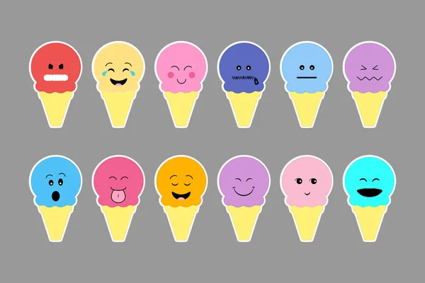 Set of ice cream, with color cream and different emotion face. — Stock Vector