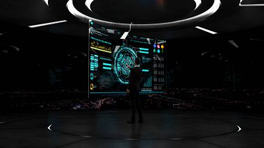 İş, teknoloji ve insan kavramı - genç işadamı sanal hud arabirimiyle çalışma.