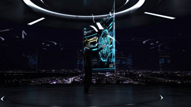 İş, teknoloji ve insan kavramı - genç işadamı sanal hud arabirimiyle çalışma.