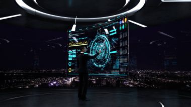 İş, teknoloji ve insan kavramı - genç işadamı sanal hud arabirimiyle çalışma.