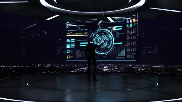 Concept d'entreprise, de technologie et de personnes - jeune homme d'affaires travaillant avec une interface hud virtuelle . — Photo