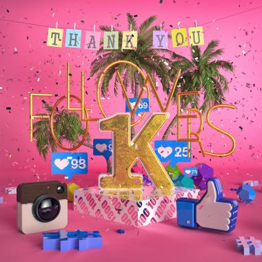 1000, 1K followers illustration with thank you on pink background. 3d rendering clipart