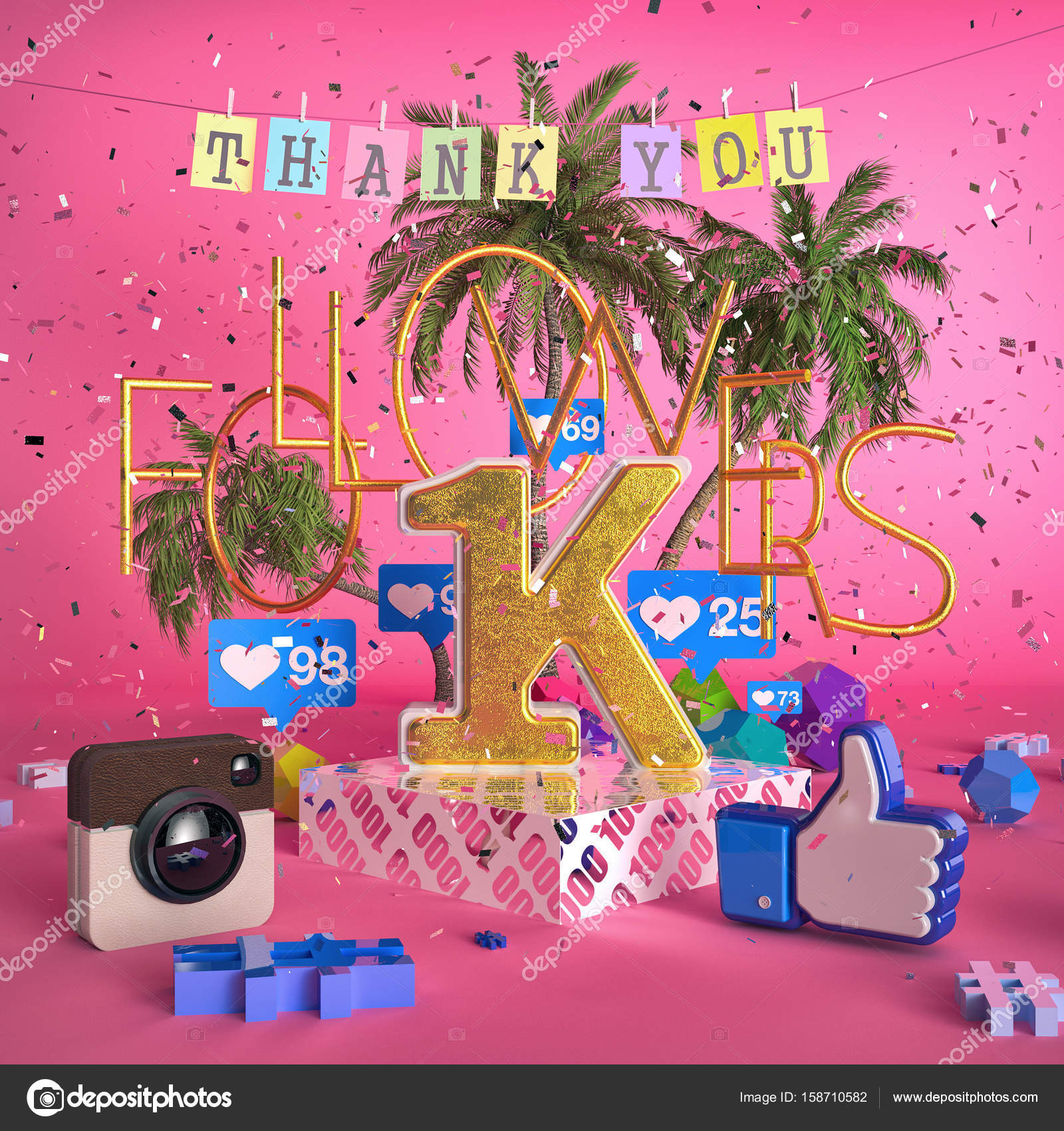 1000, 1K followers illustration with thank you on pink background. 3d  rendering Stock Photo by ©maximsamos 158710582