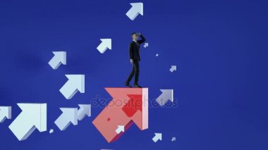 Yukarı doğru. Kırmızı oklar uçan bir ayakta işadamı.