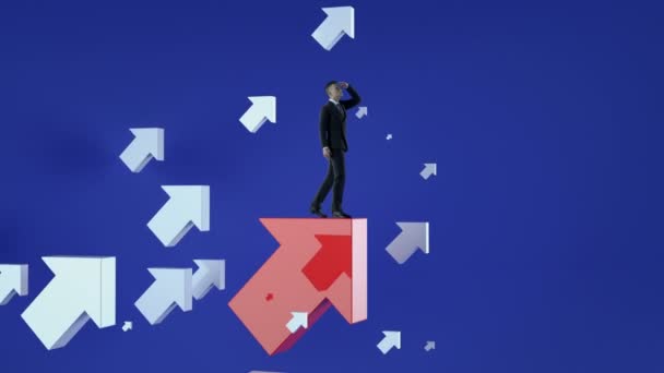 Upwards. Businessman standing on a red flying arrows. — Stock Video