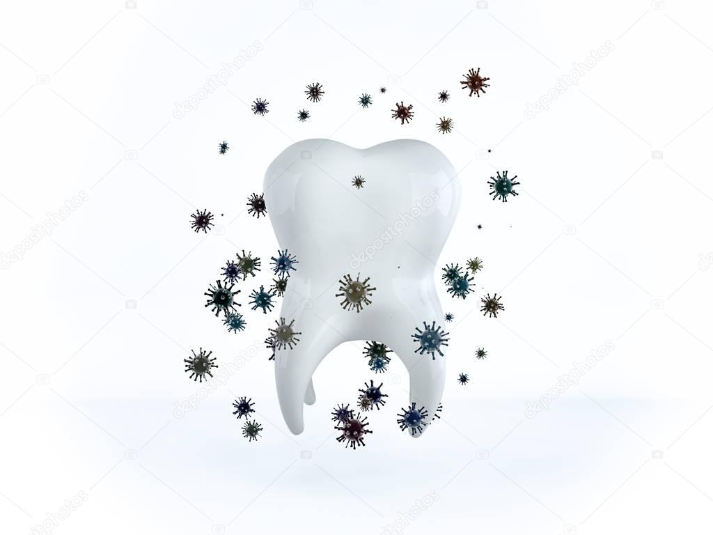 The tooth is surrounded by bacteria and microbes