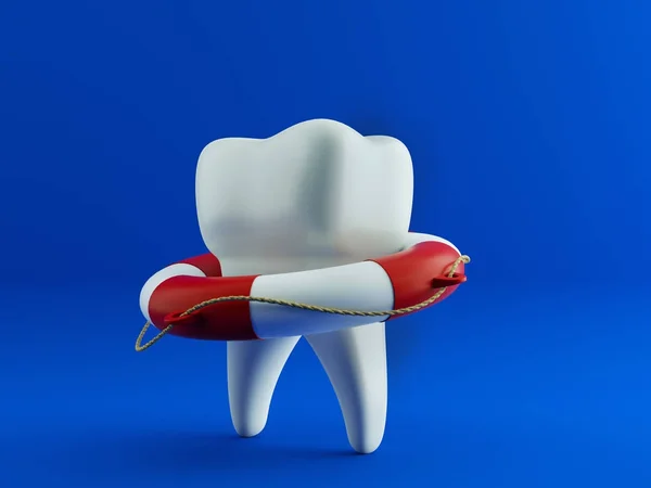 Tooth in the lifebuoy, on blue background. — Stock Photo, Image