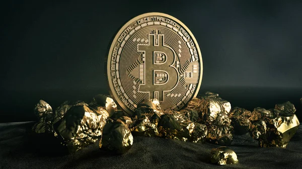 Gouden munt van Bitcoin en heuvel van goud. Bitcoin cryptocurrency. Bedrijfsconcept. — Stockfoto