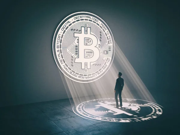 Zakenman op zoek in het venster in de vorm van bitcoin symbool — Stockfoto