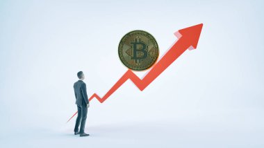 Bitcoin ok için artan değer ve iş adamı. Kazanç ve başarı Kripto bitcoin yatırımları. Mali yükselme kavramı.